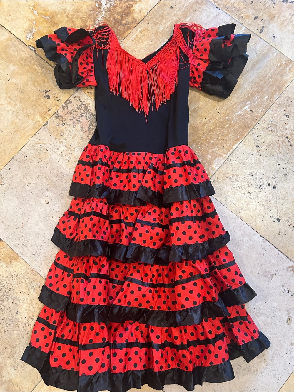 Girls Red and Black Flamenco Polka Dot Dance Costume size 7/8